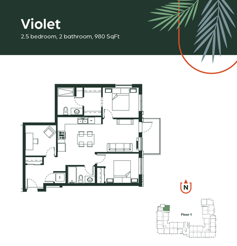 Floor plan for 2 beds, 2 baths, 980 sqft